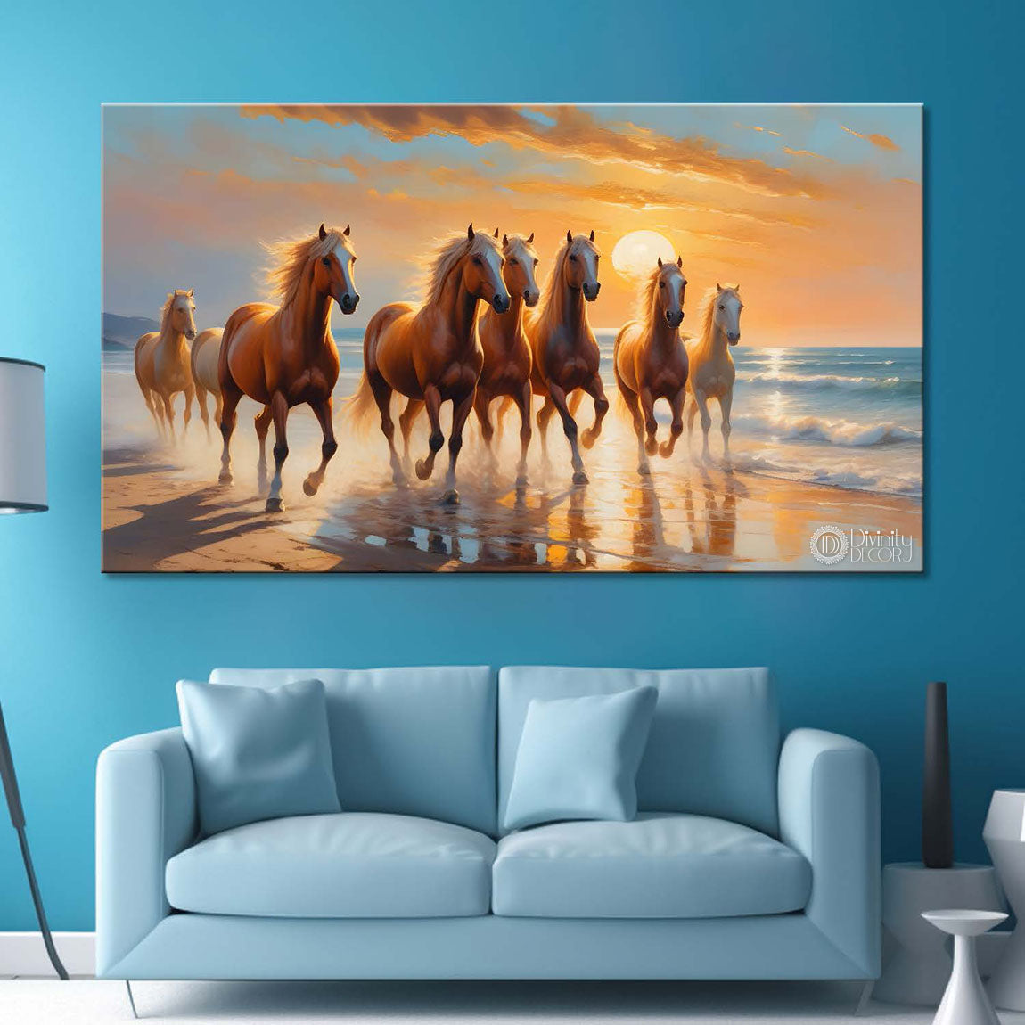 Brown horses running on the water with sunrise textured background art Canvas Painting - Design - Horse-149