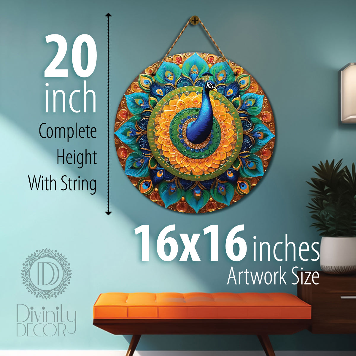 Peacock in green and brown mandala Round Wooden Wall Hanging for wall Décor - Design - 149