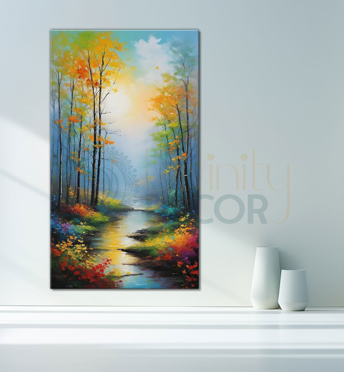Yellow trees with lake and white mountains textured painting Canvas Painting - Nature Art -V-149