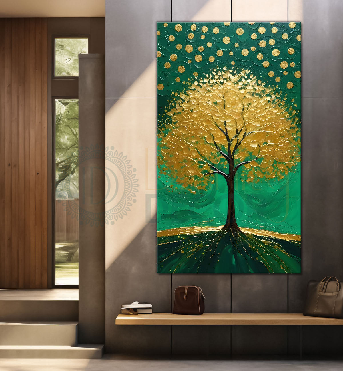 Green Tree in front of sun with bright textured oil painting Canvas painting - Tree-V-15