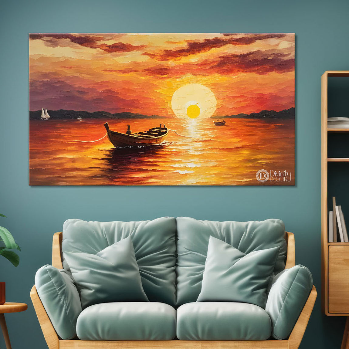 Boat in sea with sunrise background  textured modern art canvas painting - Design - River-15