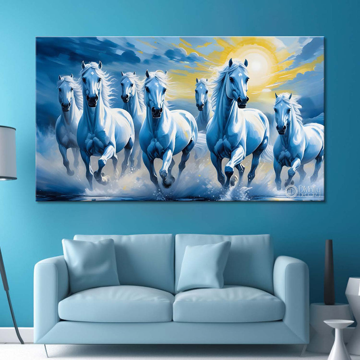 White horses running on the water with sunrise and sky blue textured background art Canvas Painting - Design - Horse-150