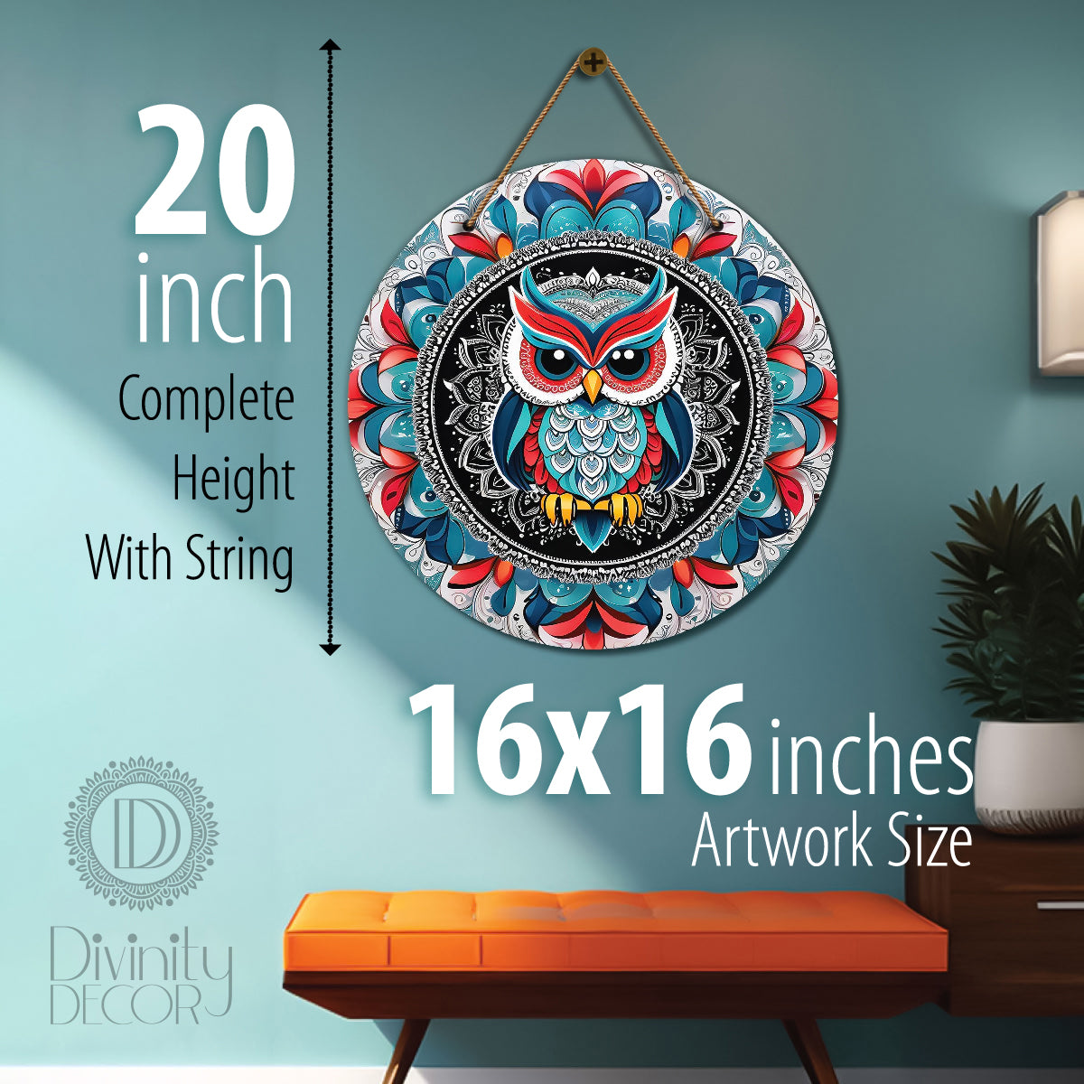 Owl in blue and pink mandala Round Wooden Wall Hanging for wall Décor - Design - 150