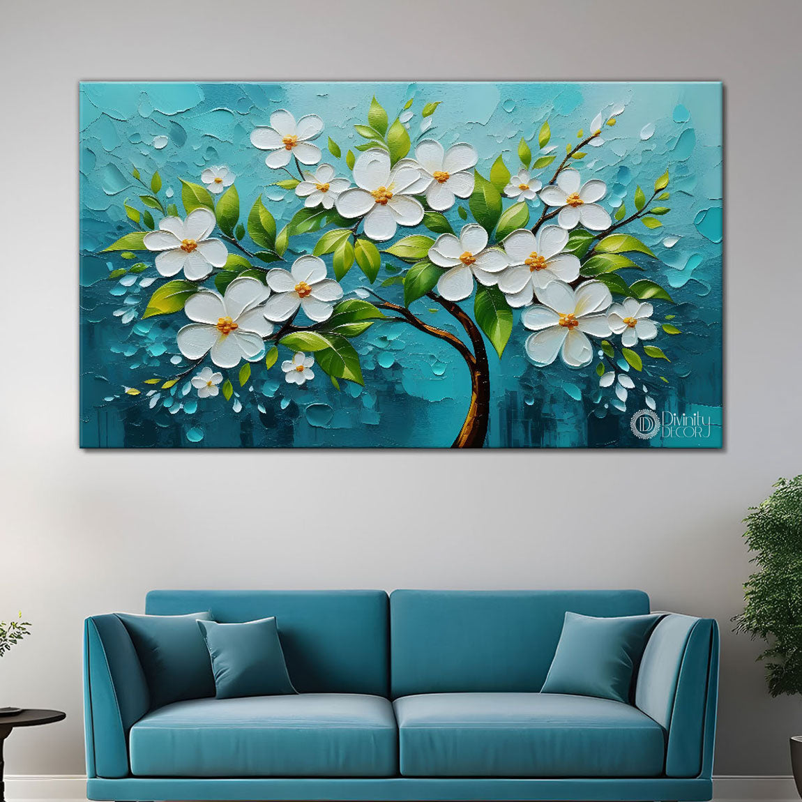 White flower tree in textured background oil painting- Design - Tree-150