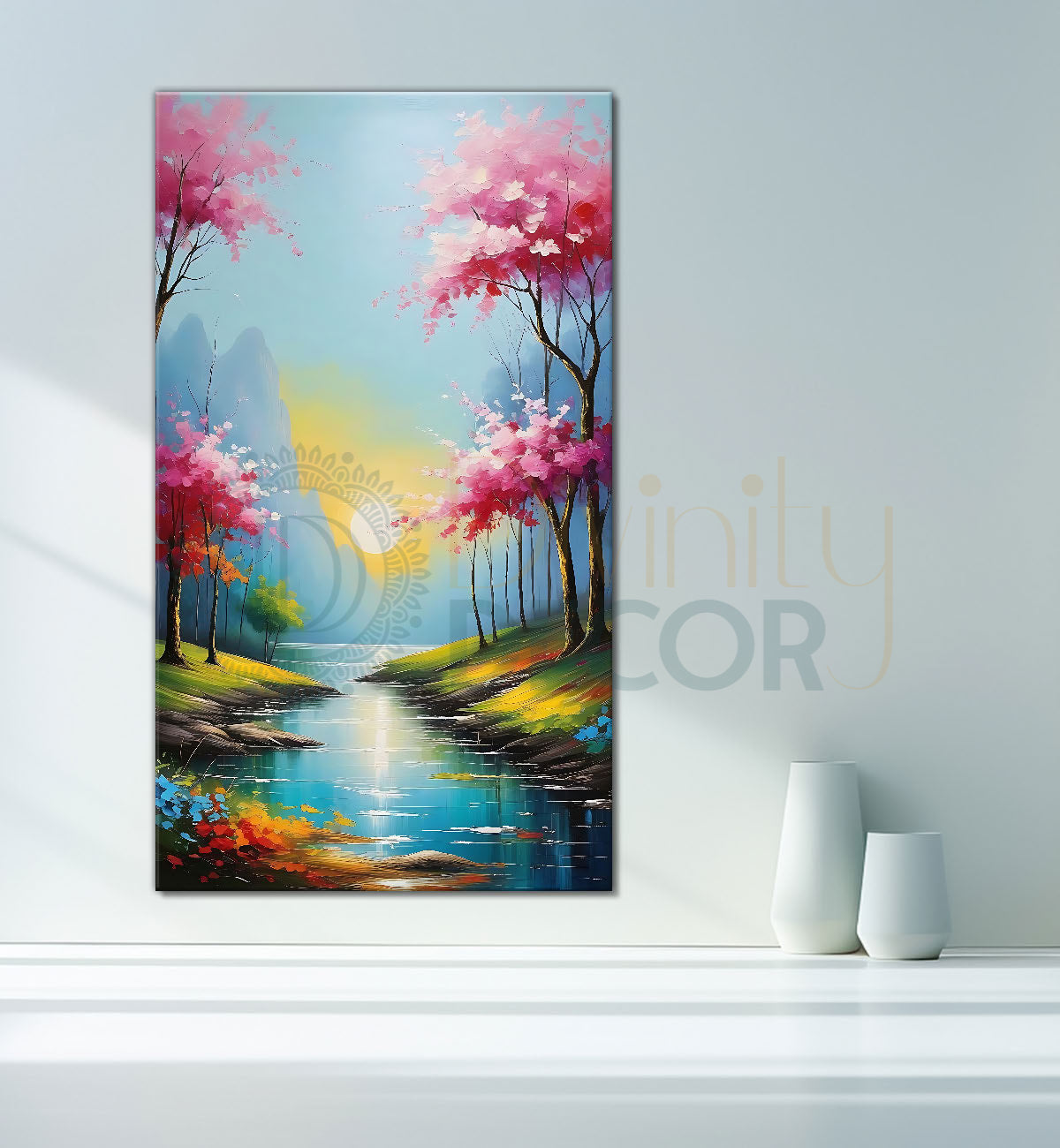 Pink trees wtih lake and sun in textured painting Canvas Painting - Nature Art -V-150