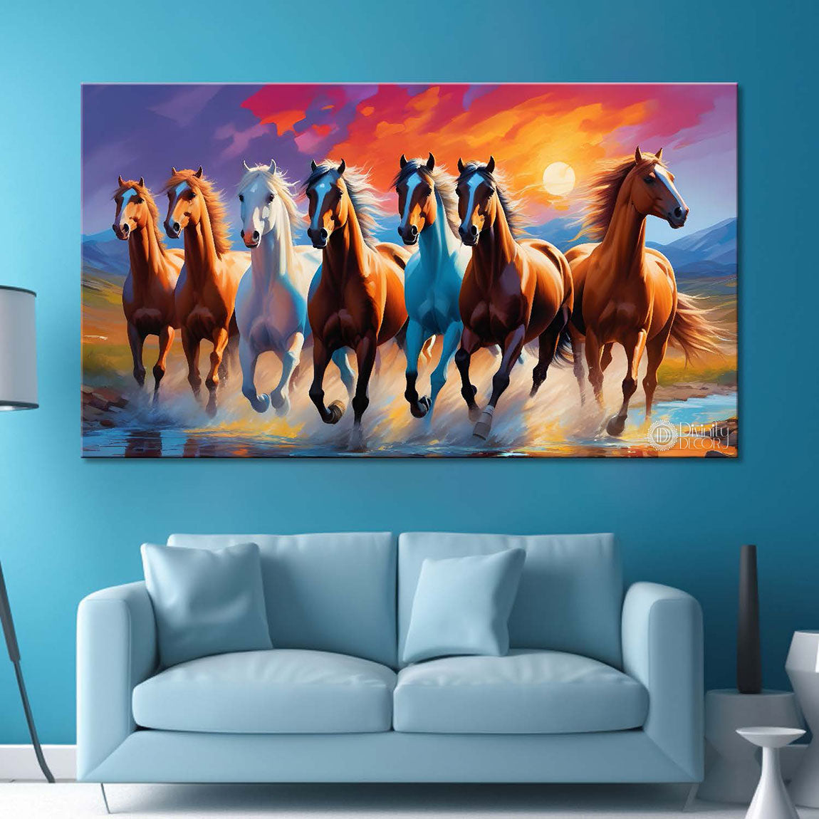 Brown and white horses running on the water with sunrise textured background art Canvas Painting - Design - Horse-151