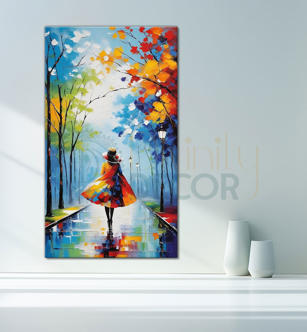 Girl walking on a road in colourful background painting Canvas Painting - Nature Art -V-151