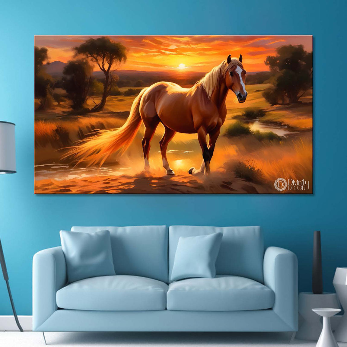 Brown horse in the field with sunset textured background art Canvas Painting - Design - Horse-152