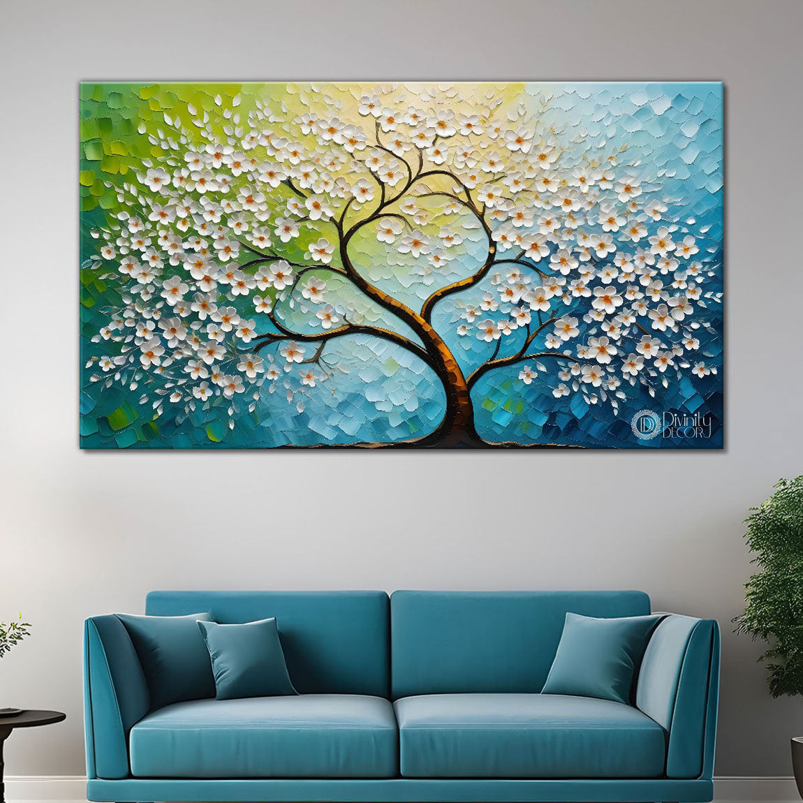 White flower tree in textured background oil painting- Design - Tree-152