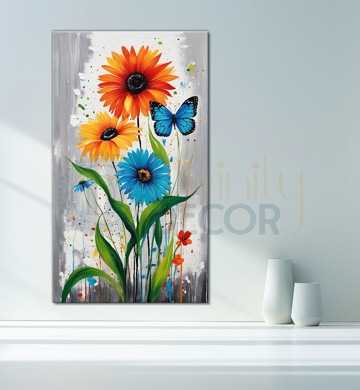 Colourful flowers with butterfly in textured painting Canvas Painting - Nature Art -V-152