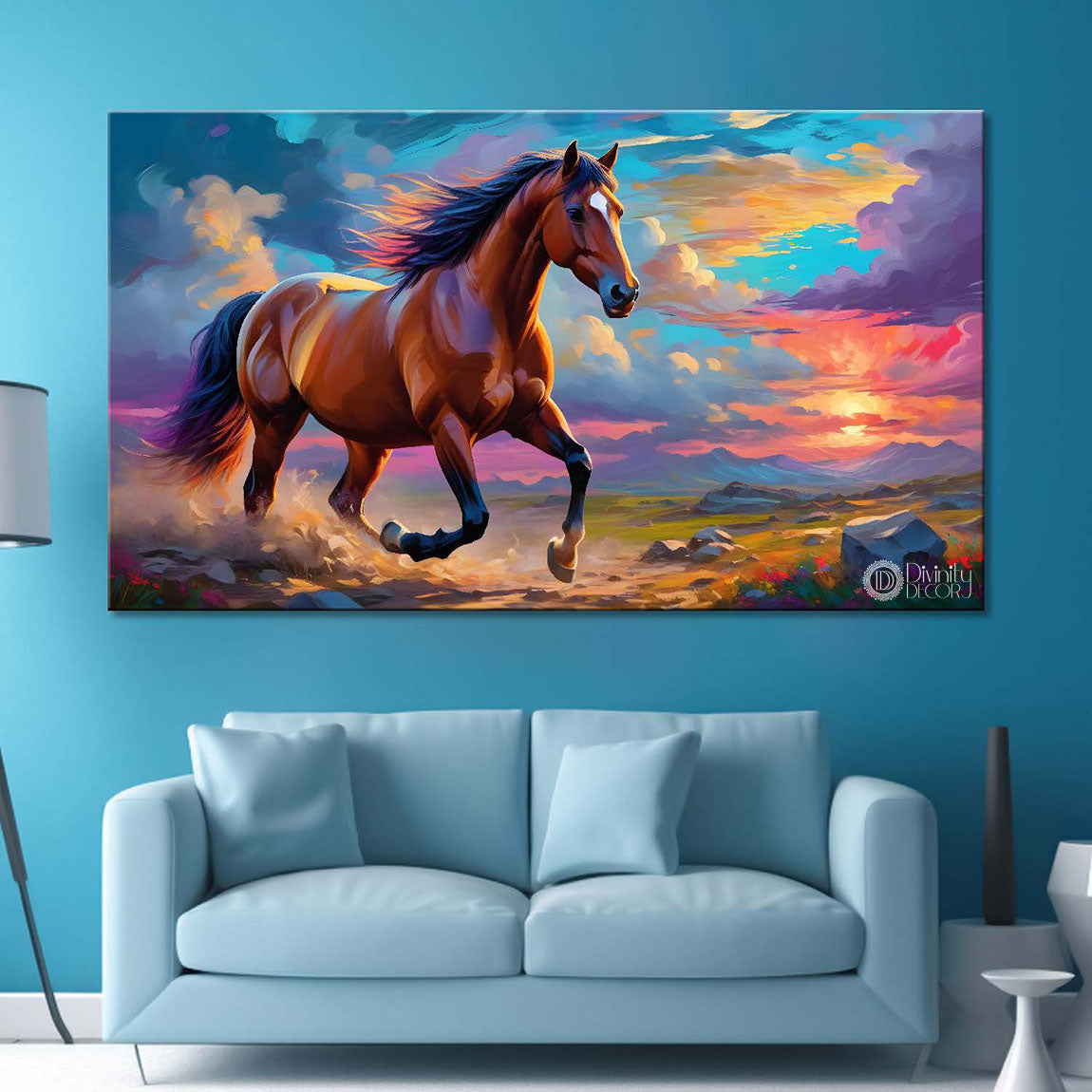 Brown horse running in the field with cloudy and colorful textured background art Canvas Painting - Design - Horse-153