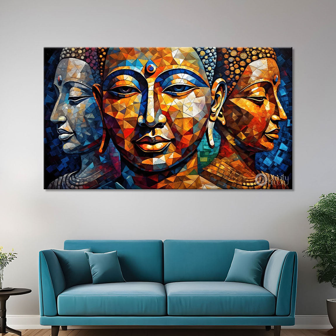 Three buddha with colorful background textured painting Canvas Wall Painting - Buddha-153