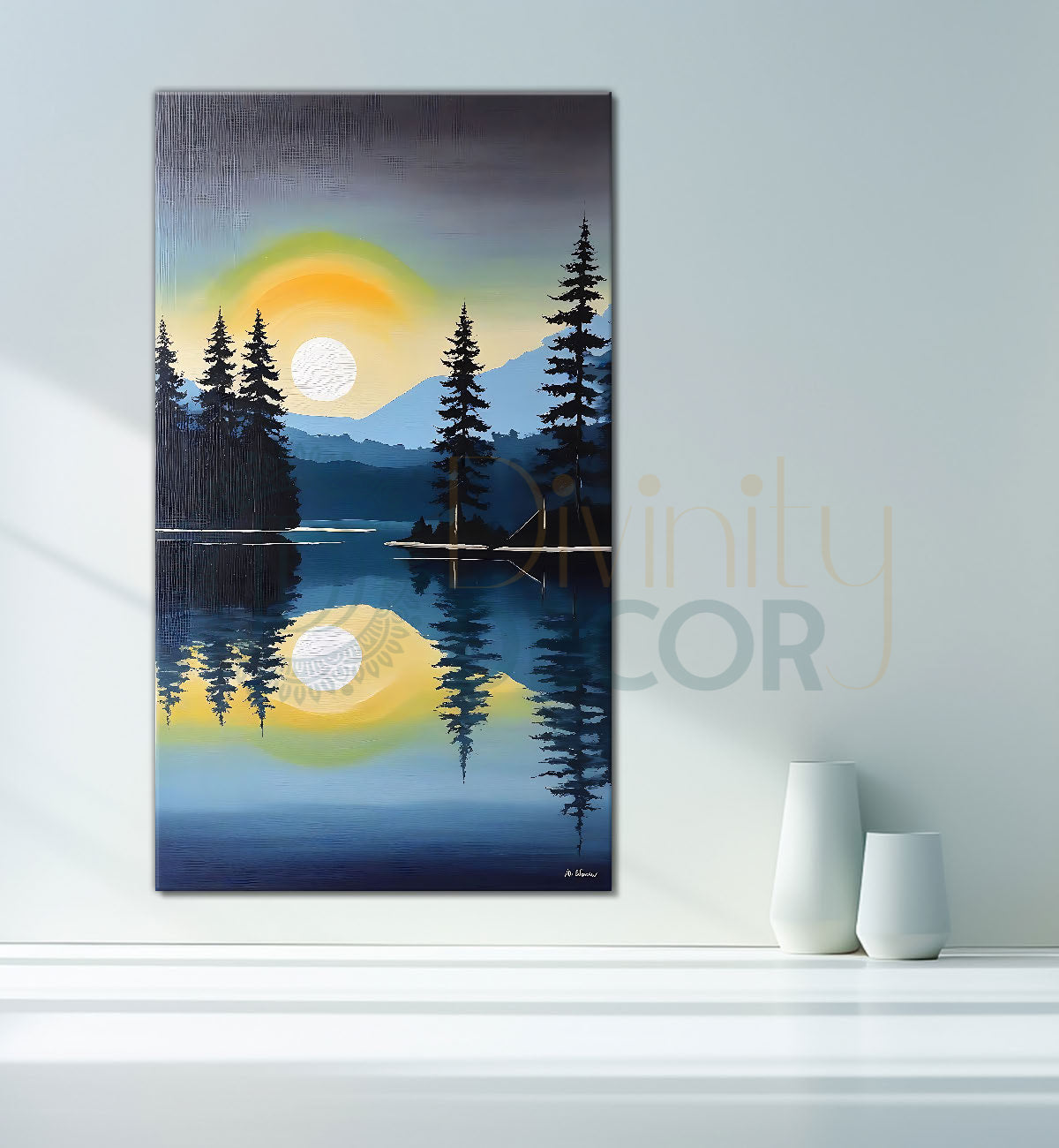 Mountains with lake and sunset textured water colour painting Canvas Painting - Nature Art -V-153
