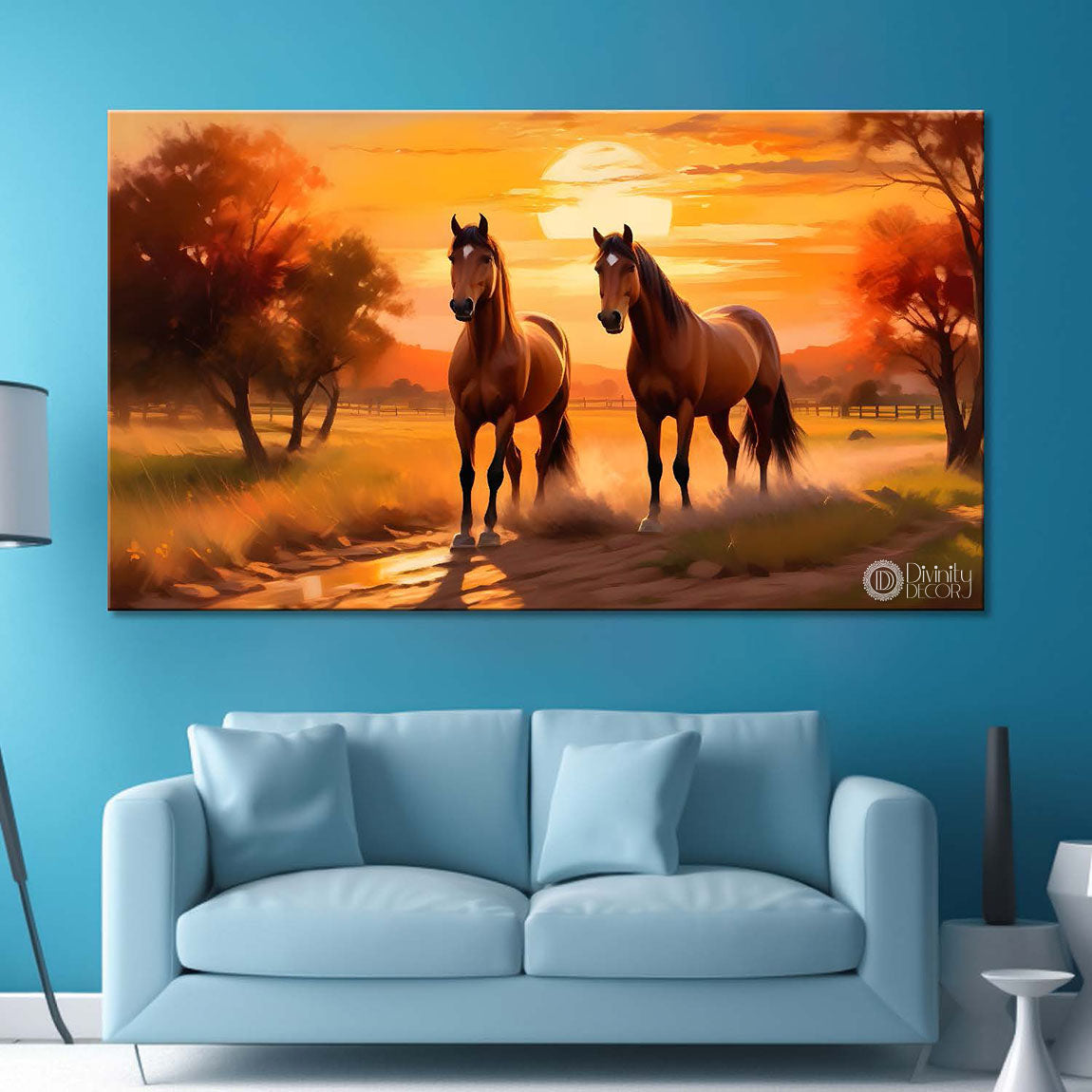 Two brown horses in the field with sunset textured background art Canvas Painting - Design - Horse-154