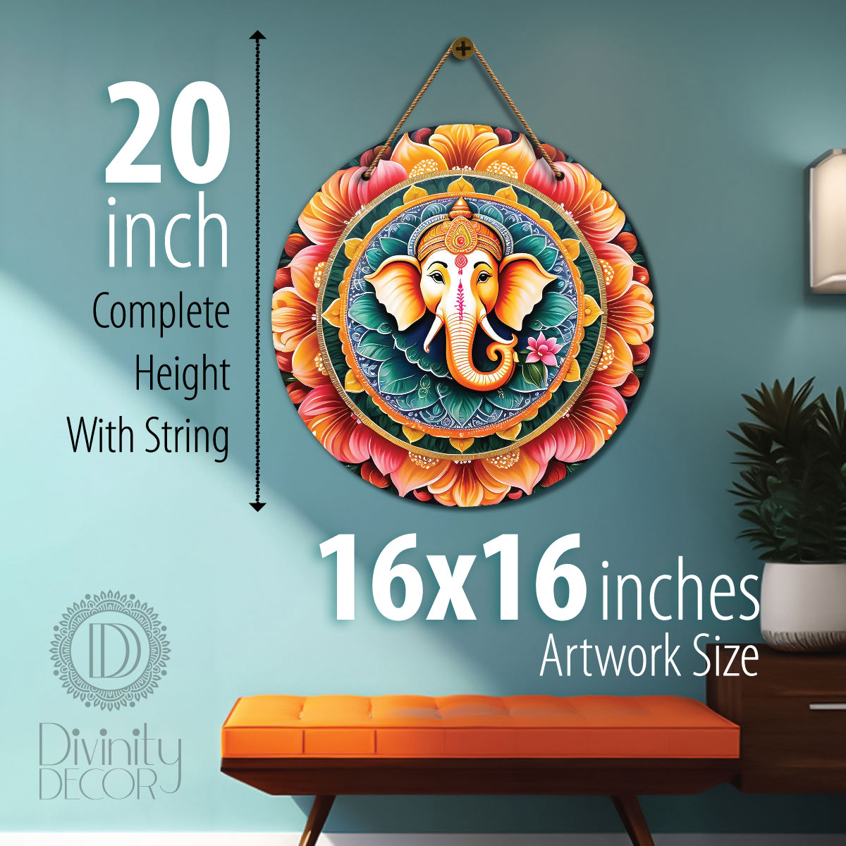 Ganesh Ji in green and floral mandala Round Wooden Wall Hanging for wall Décor - Design - 154