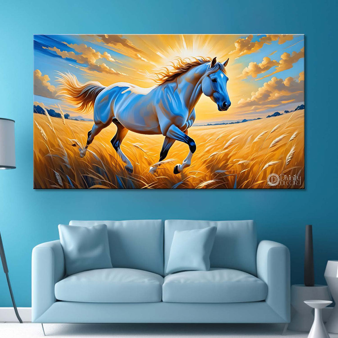 White horse running in the field with cloudy and sunrise textured background art Canvas Painting - Design - Horse-155