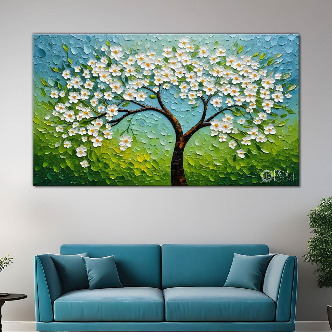 White flower tree in textured background oil painting- Design - Tree-155