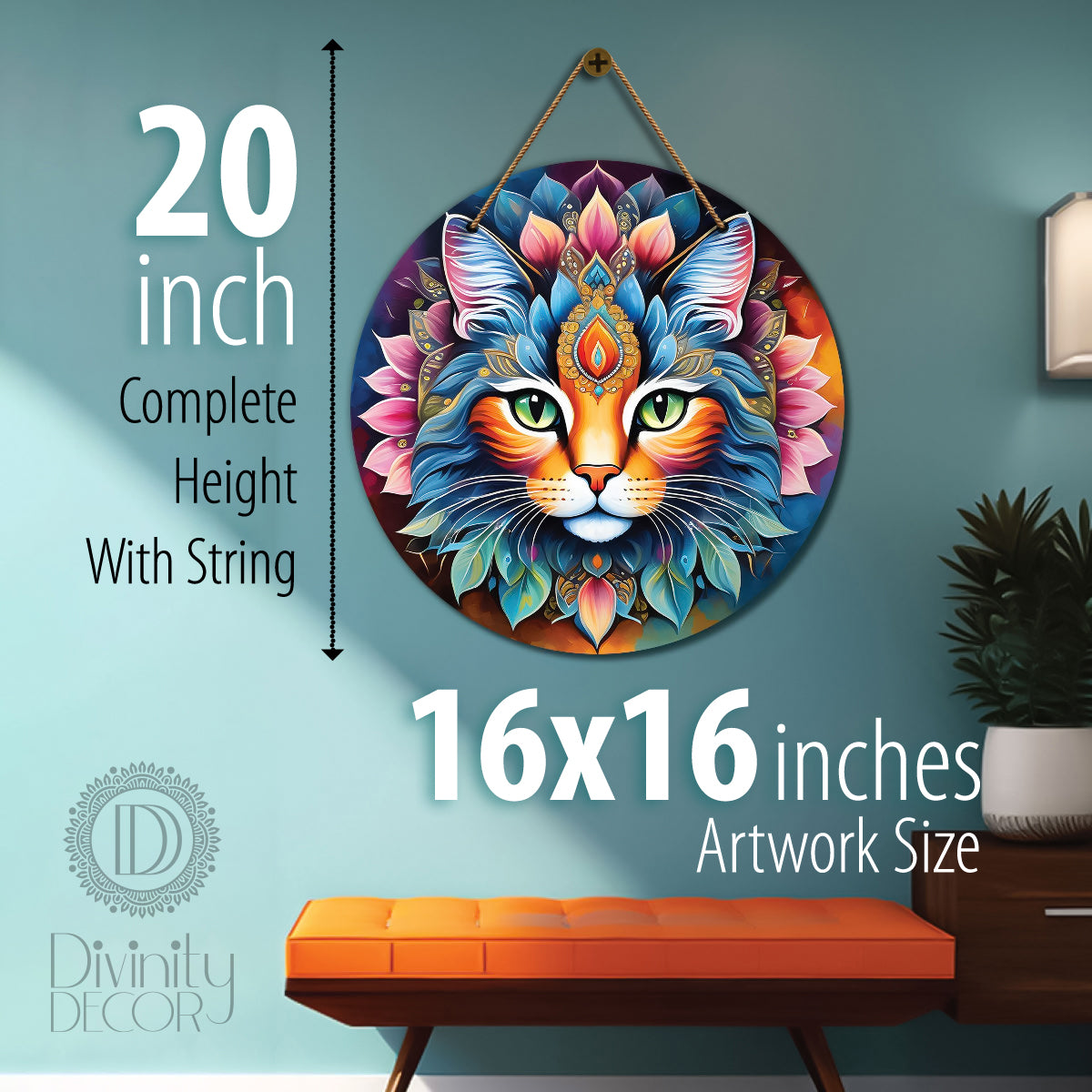 Cat in green and pink mandala Round Wooden Wall Hanging for wall Décor - Design - 155
