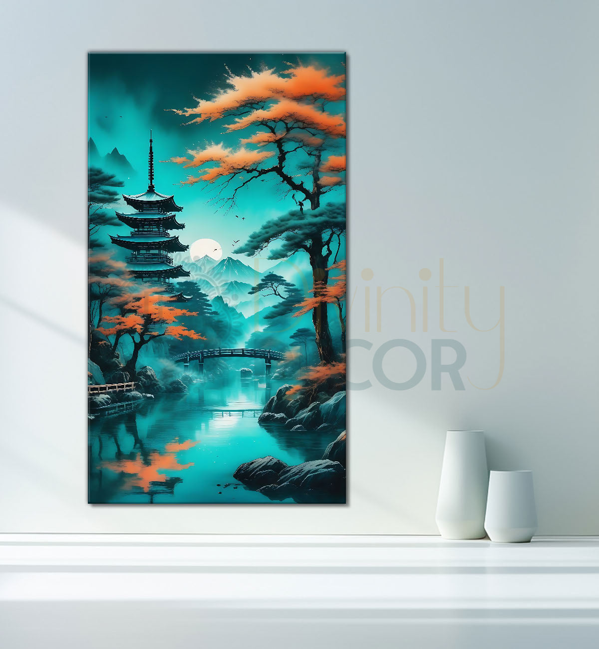 Orange trees in aqua green background textured art Canvas Painting - Nature Art -V-155