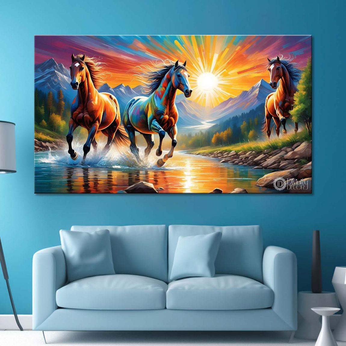 Tree brown horses running with mountains and sunrise textured background art Canvas Painting - Design - Horse-156