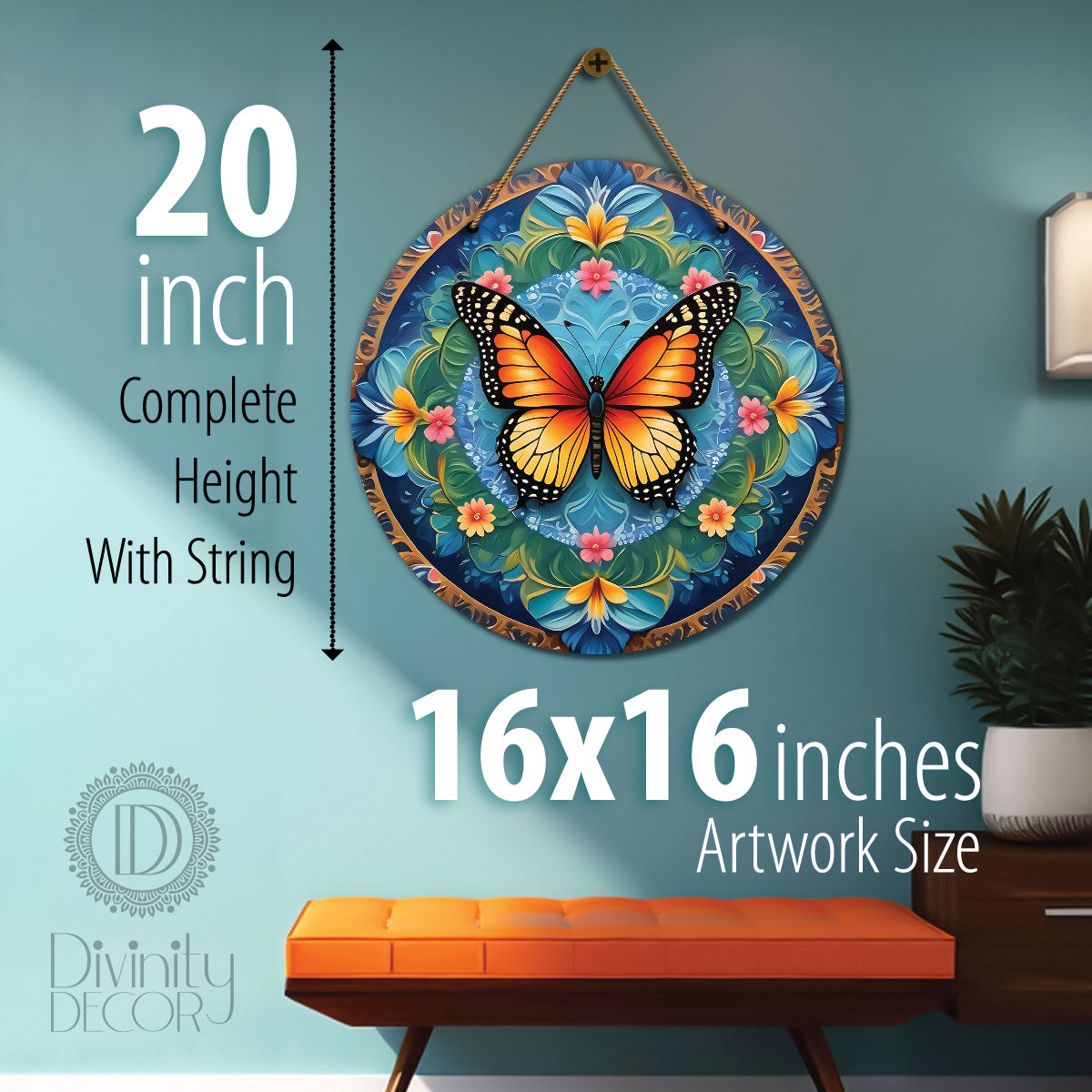 Butterfly in green and yellow mandala Round Wooden Wall Hanging for wall Décor - Design - 156