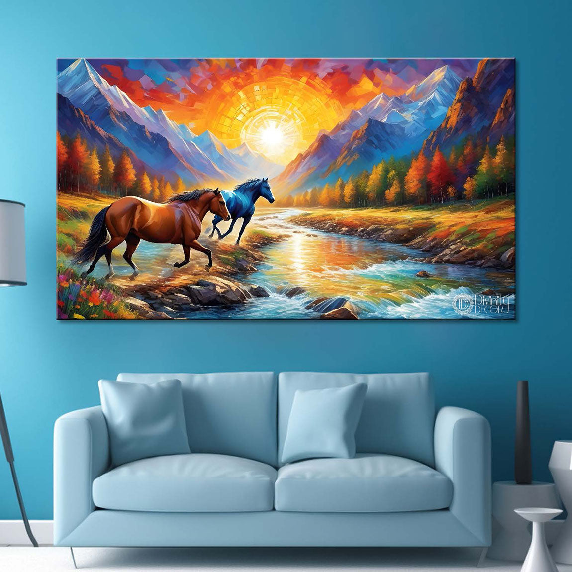 Two brown horses running with mountains and lake in sunrise textured background art Canvas Painting - Design - Horse-157