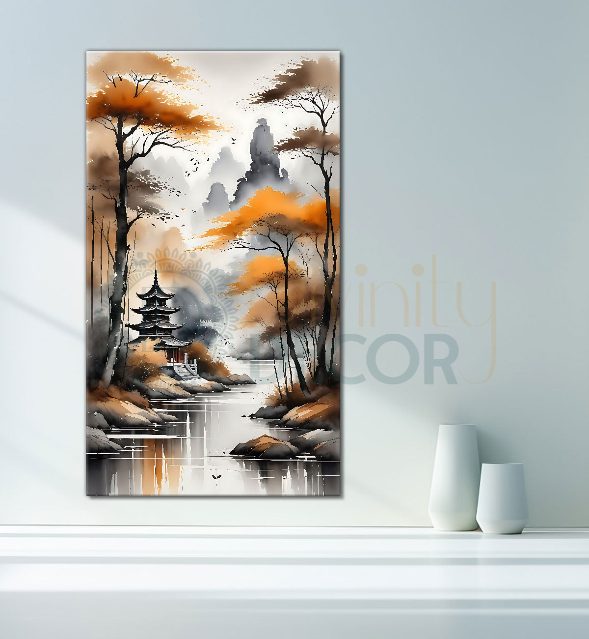 Golden trees with lake textured painting Canvas Painting - Nature Art -V-157
