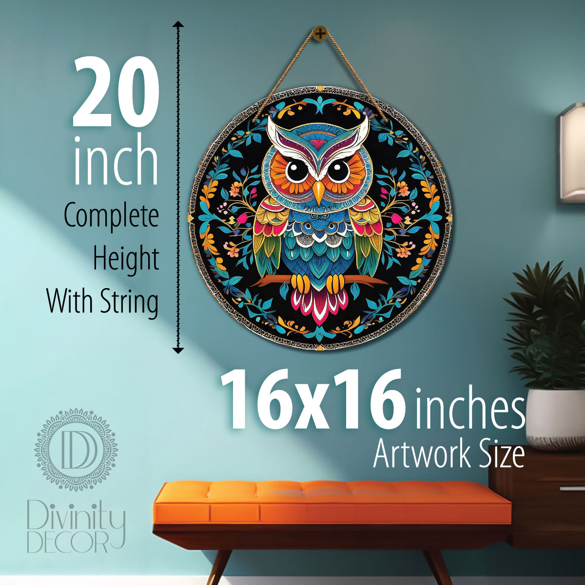 Owl in green and black mandala Round Wooden Wall Hanging for wall Décor - Design - 157