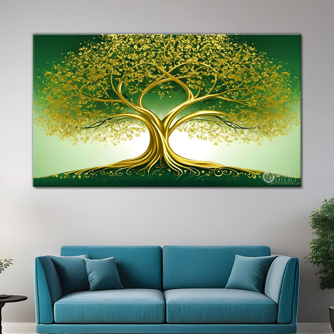 Golden tree in dark green textured background modern art- Design - Tree-157