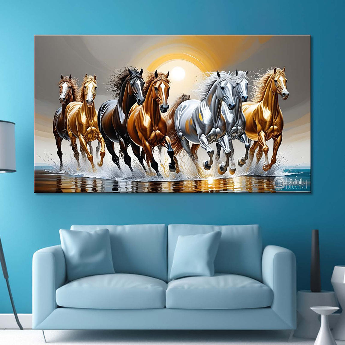 Silver and golden horses running on the water with grey textured background art Canvas Painting - Design - Horse-158