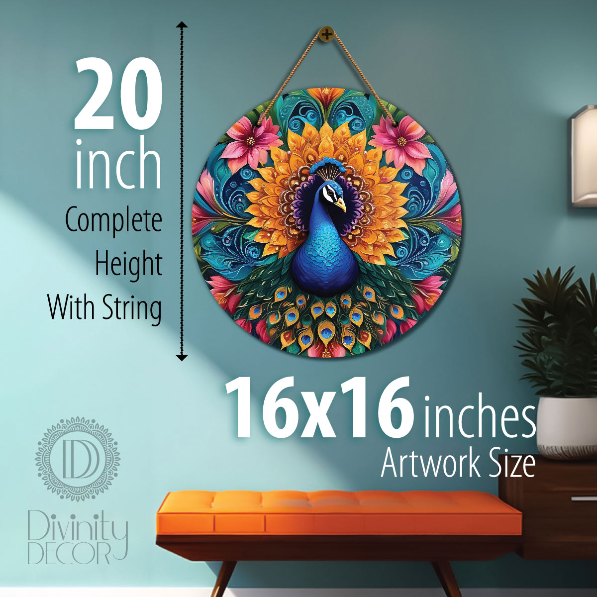 Peacock in green and floral mandala Round Wooden Wall Hanging for wall Décor - Design - 158
