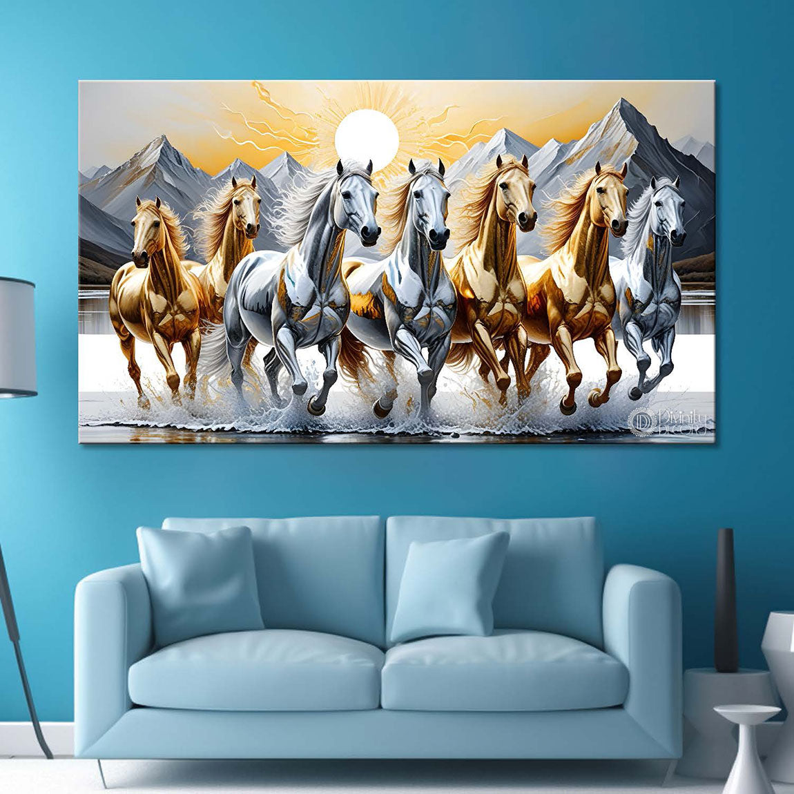 Silver and golden horses running on the water with mountains and sun in grey textured background art Canvas Painting - Design - Horse-159
