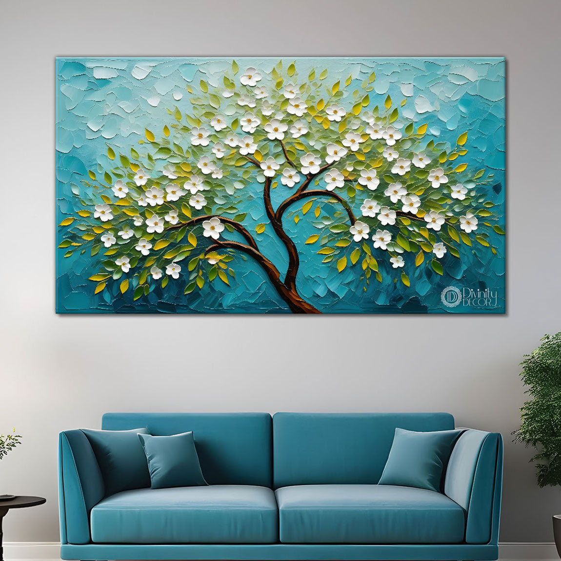 White flower tree in textured background oil painting- Design - Tree-159
