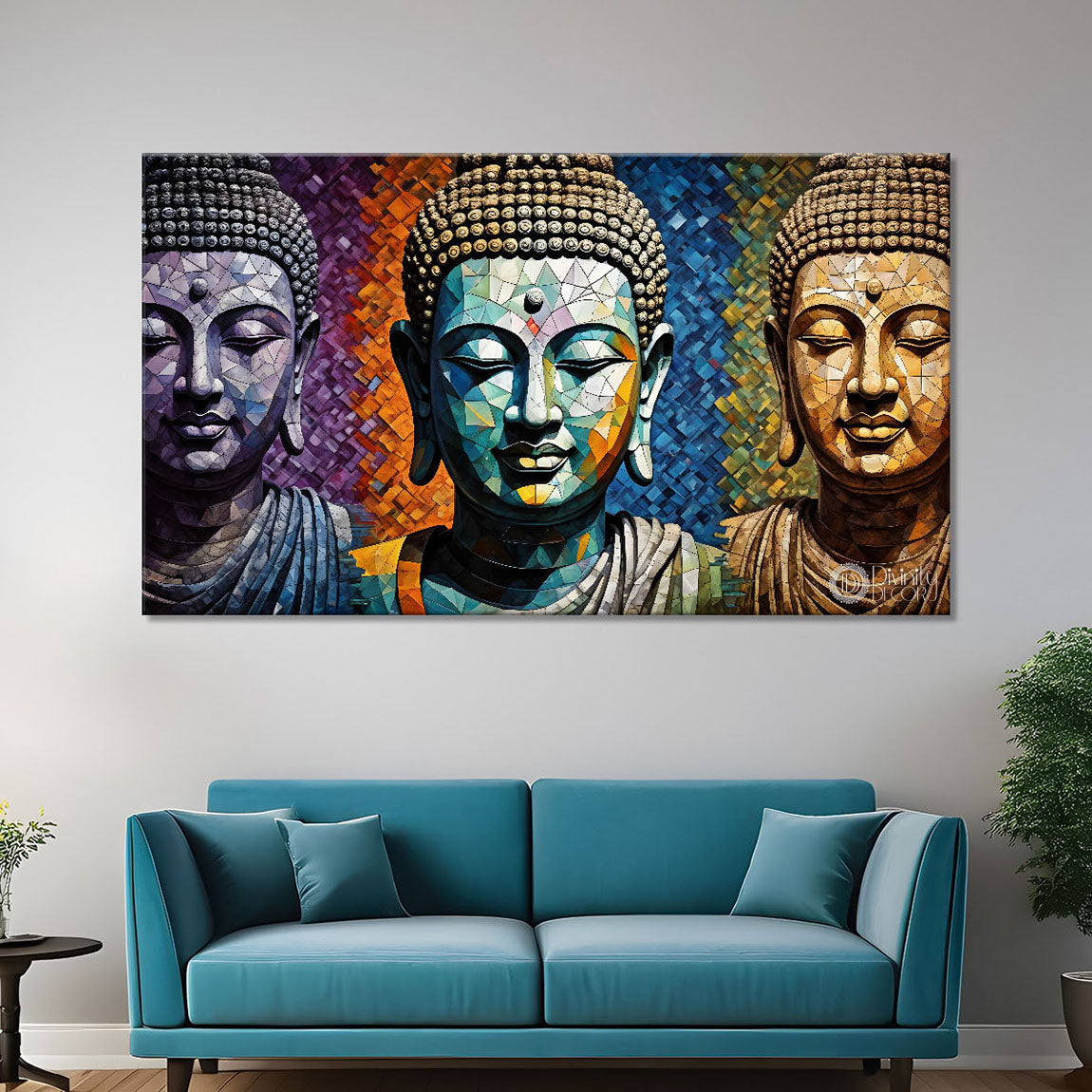 Three buddha with colorful background textured painting Canvas Wall Painting - Buddha-159