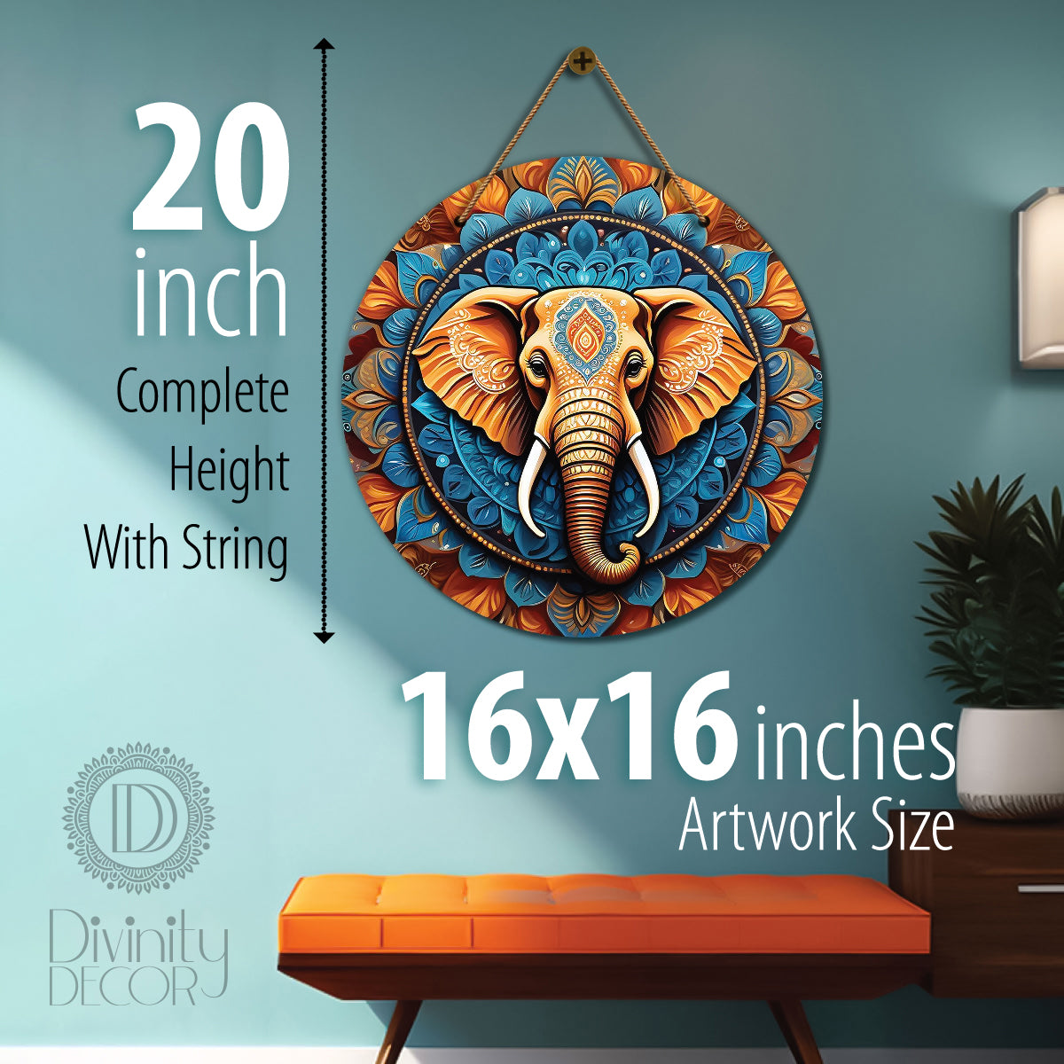Elephant in blue and orange mandala Round Wooden Wall Hanging for wall Décor - Design - 159