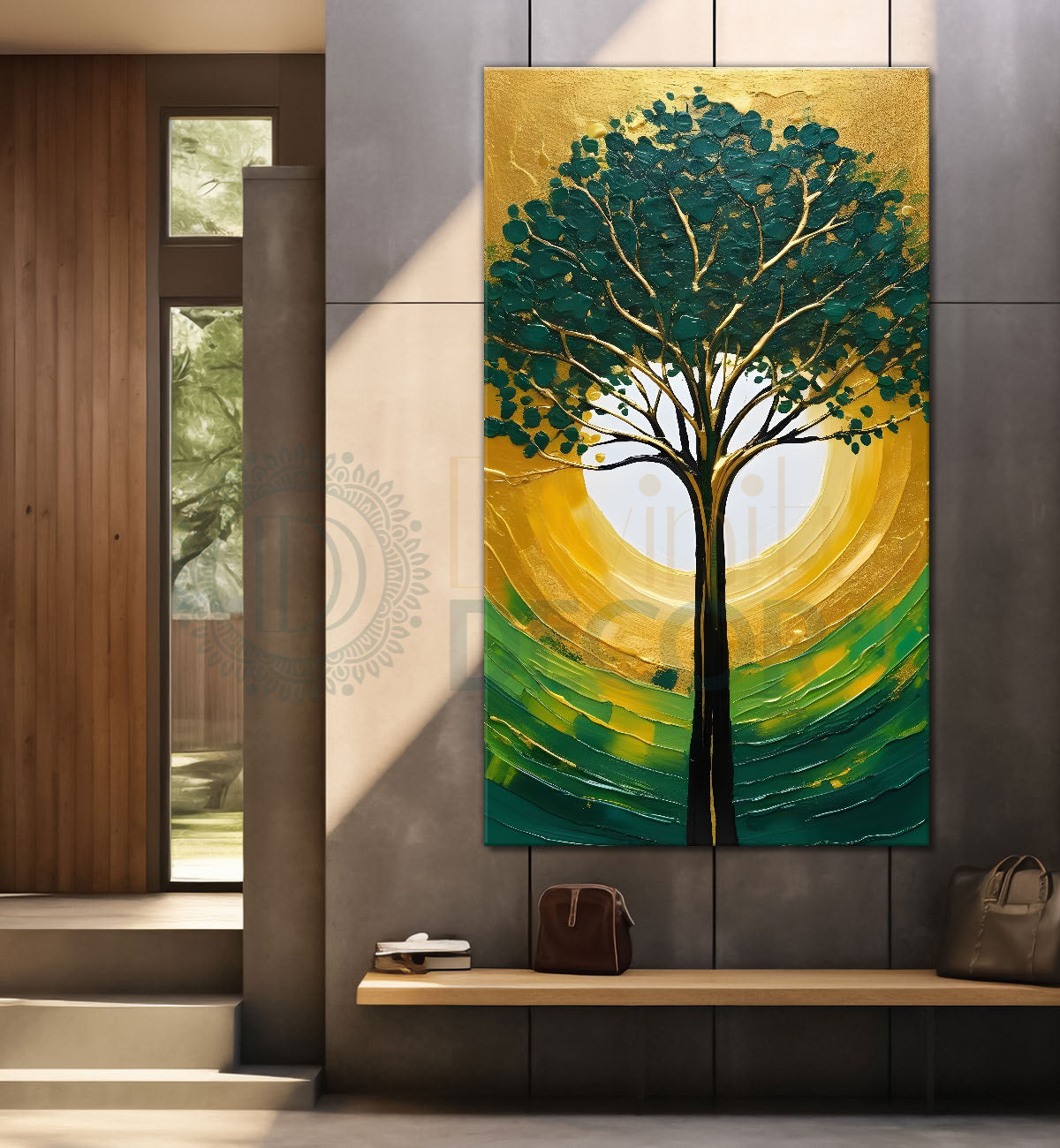 Green Tree in front of sun with bright textured oil painting Canvas painting - Tree-V-16