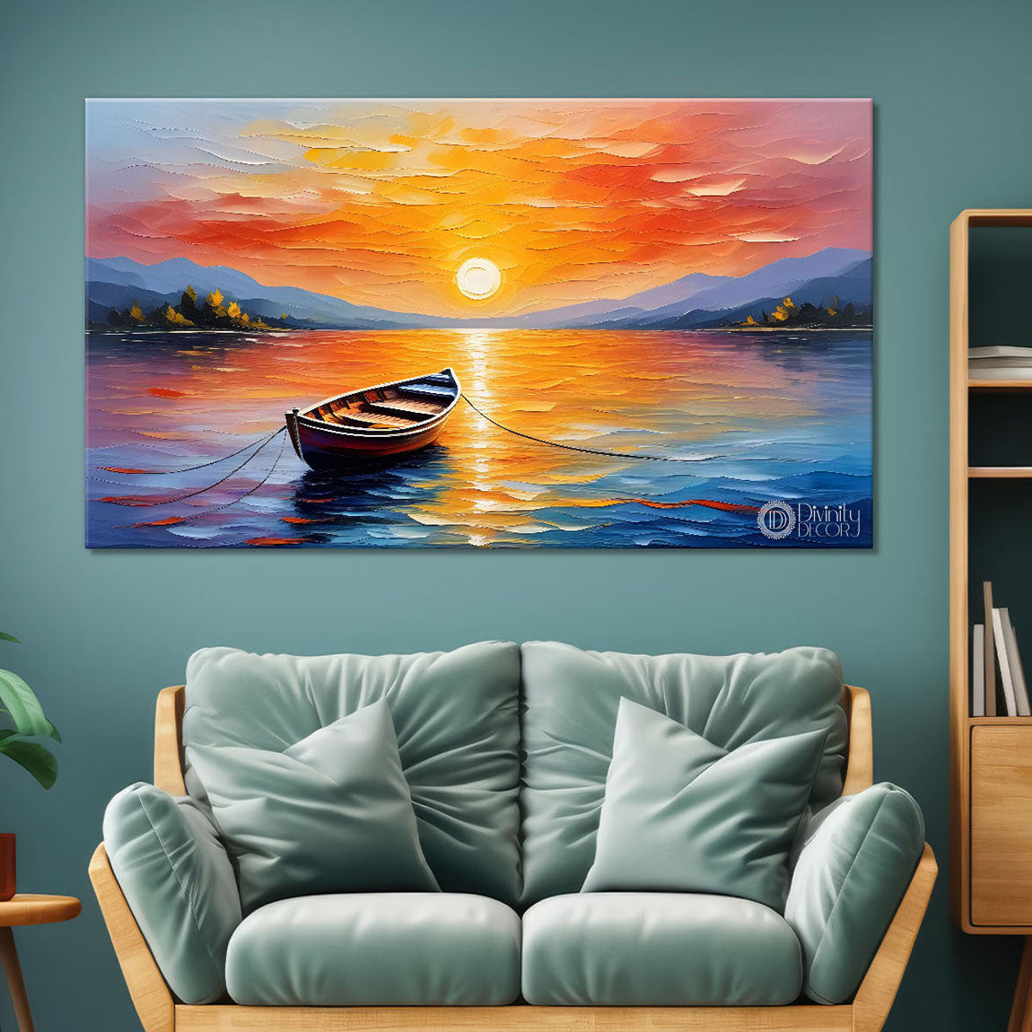 Boat in sea with sunrise background textured modern art canvas painting - Design - River-16