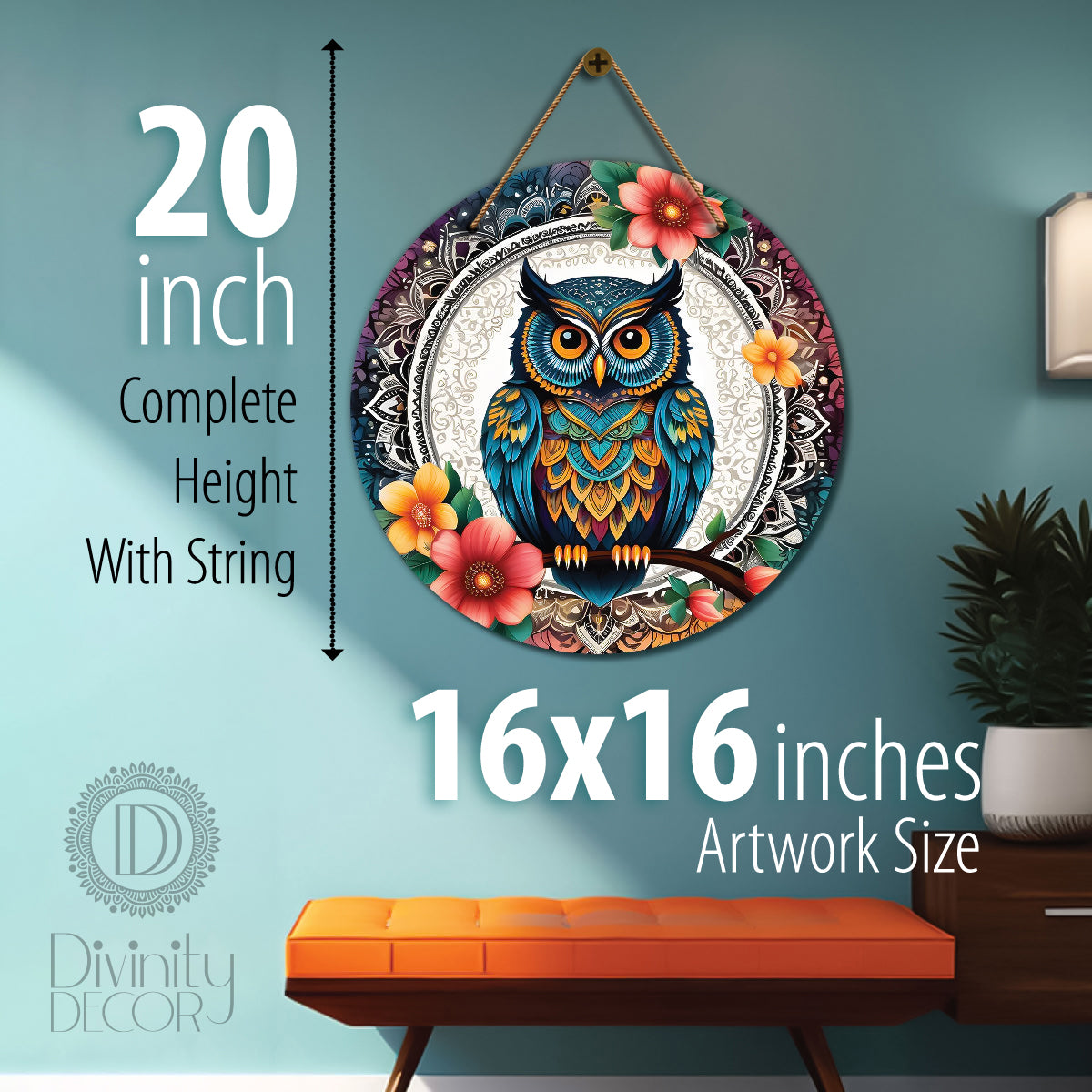 Owl in floral and white mandala Round Wooden Wall Hanging for wall Décor - Design - 160