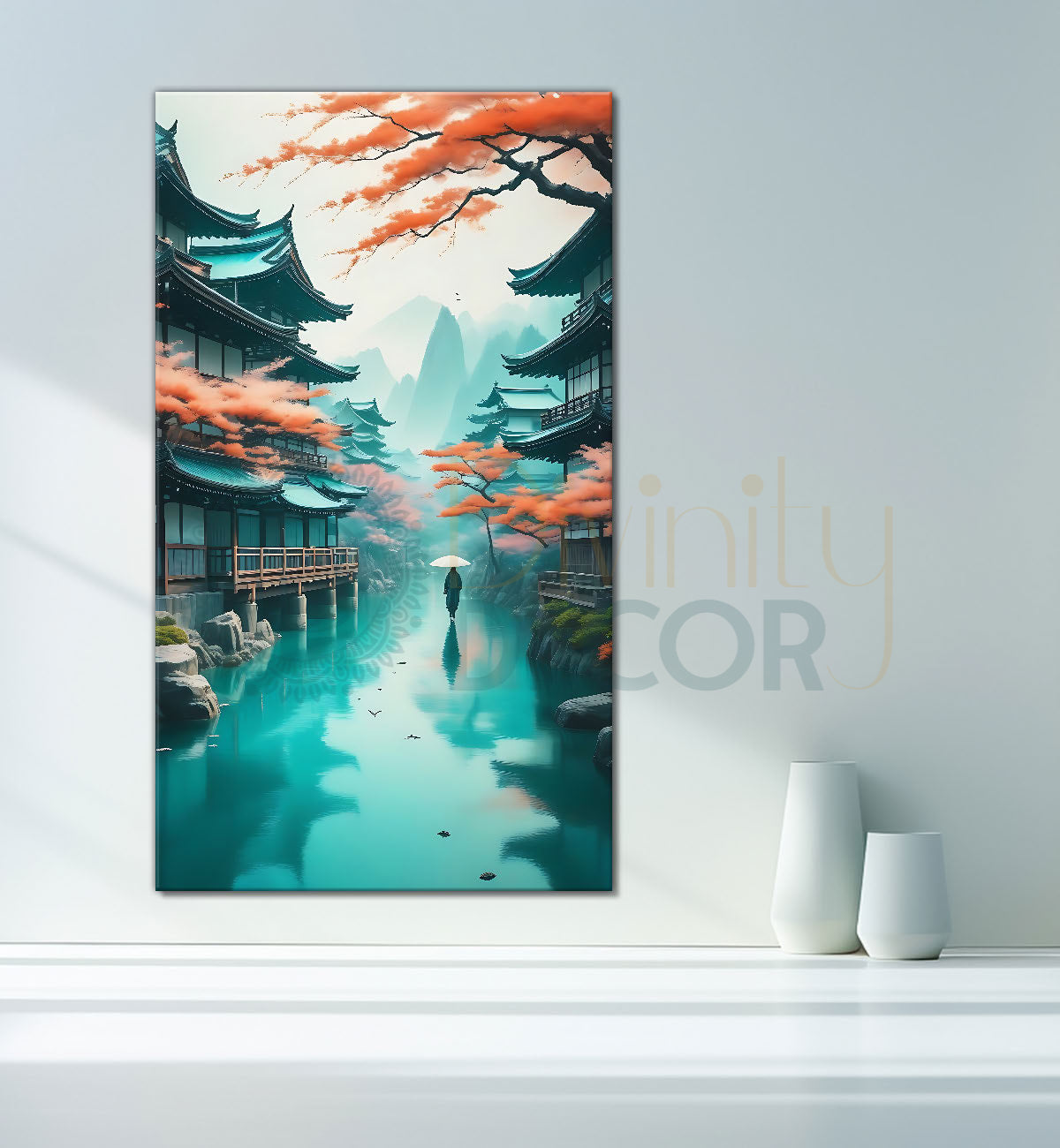 Mountains withlake in aqua green background in textured painting Canvas Painting - Nature Art -V-161