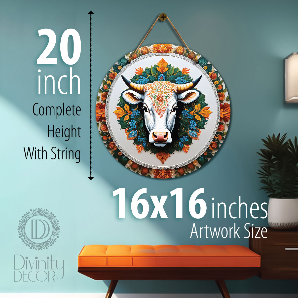 Cow in white and blue mandala Round Wooden Wall Hanging for wall Décor - Design - 161