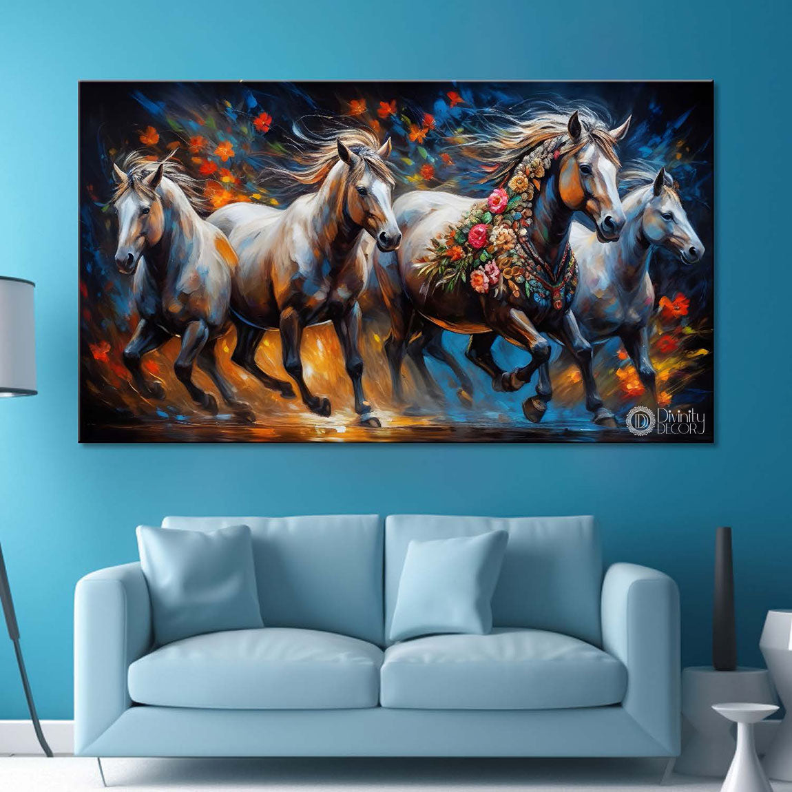 White decorated horses with orange flowers and blue textured background art Canvas Painting - Design - Horse-162