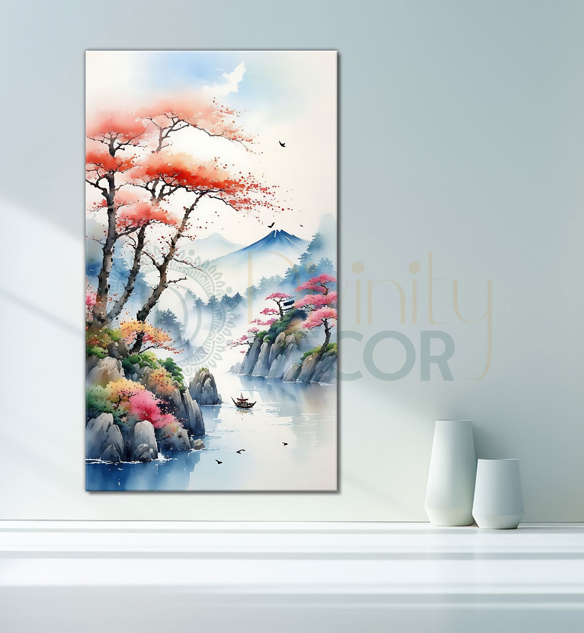 Mountains with pink trees and clouds in textured water colour painting Canvas Painting - Nature Art -V-162