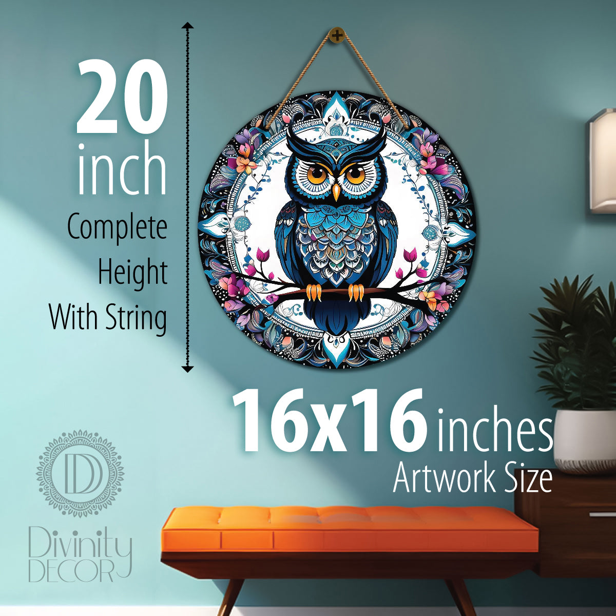 Owl in white and blue mandala Round Wooden Wall Hanging for wall Décor - Design - 162
