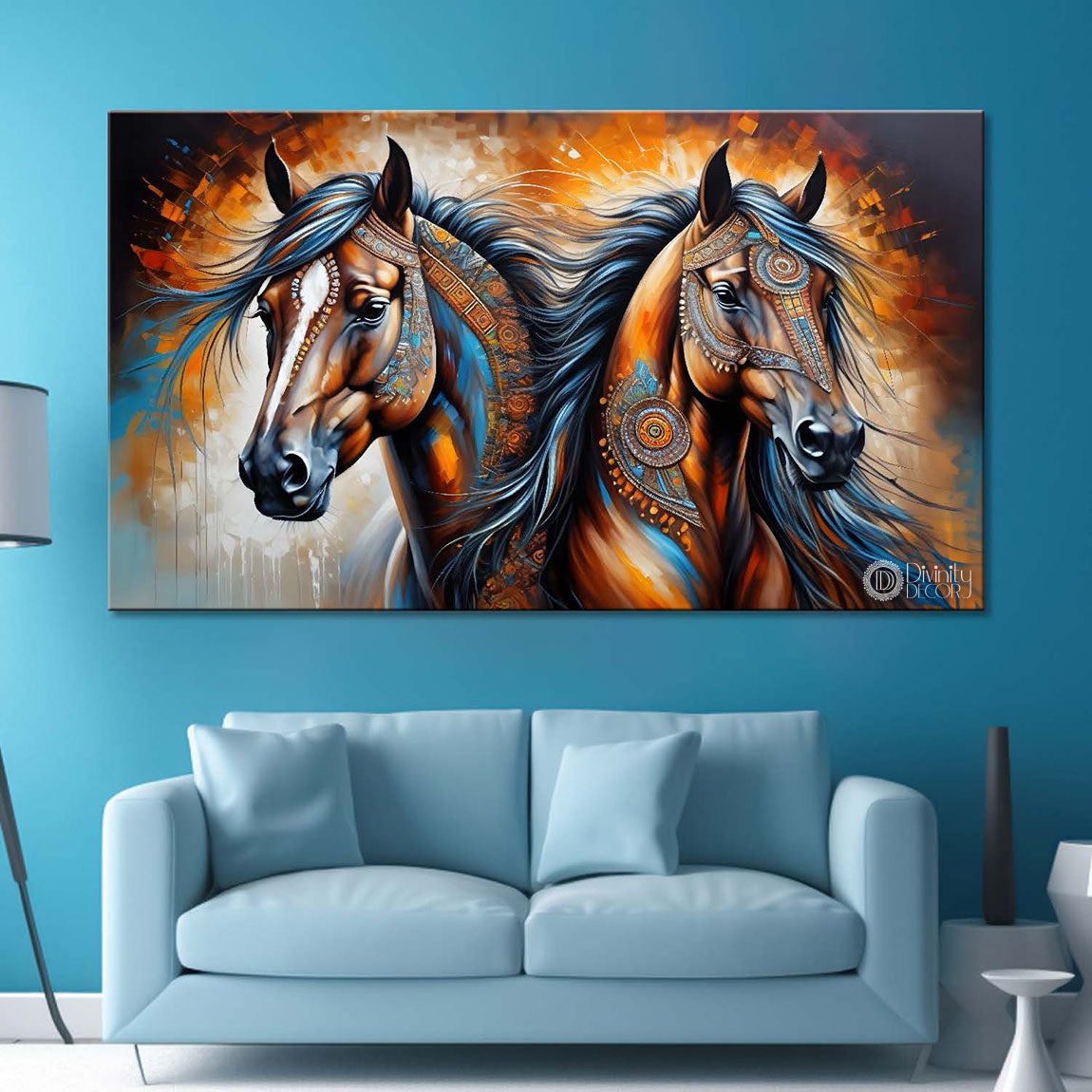 Two brown decorated horses in yellow and dark textured background art Canvas Painting - Design - Horse-163
