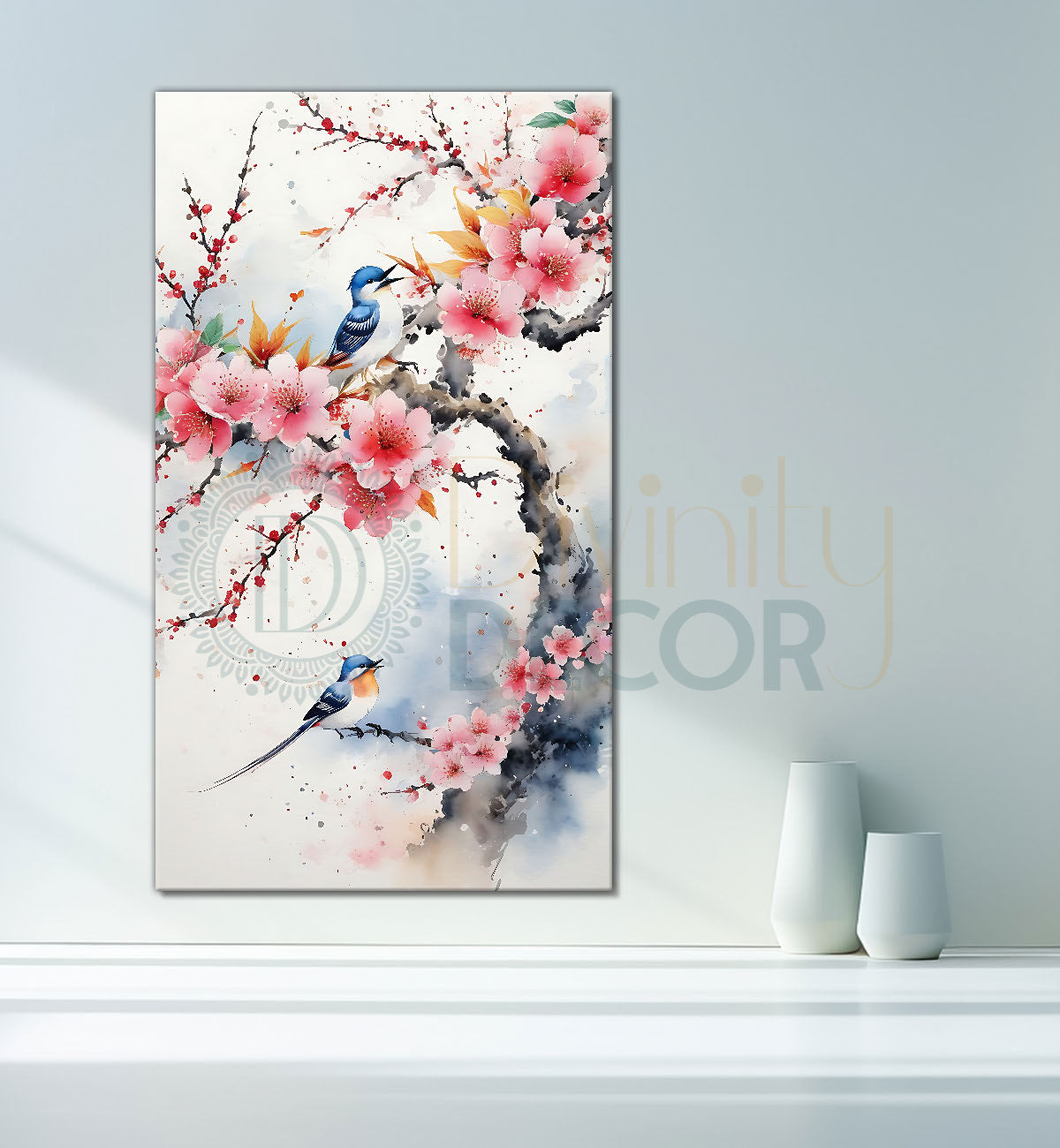 Bird sitting on a pink tree in textured natural art Canvas Painting - Nature Art -V-163