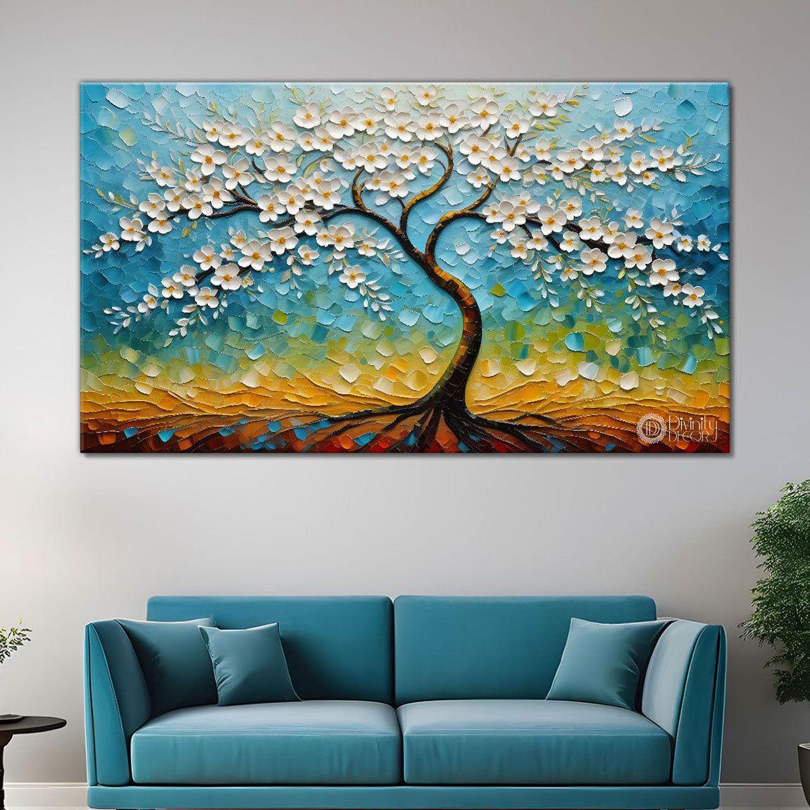 White flower tree in textured background oil painting- Design - Tree-163