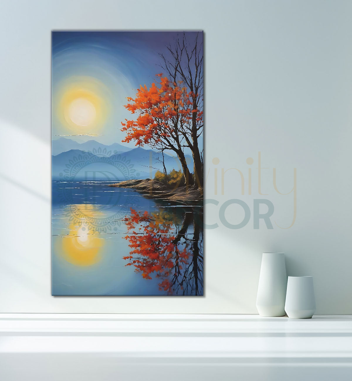 Orange tree with lake and mountains and sun in textured painting Canvas Painting - Nature Art -V-164
