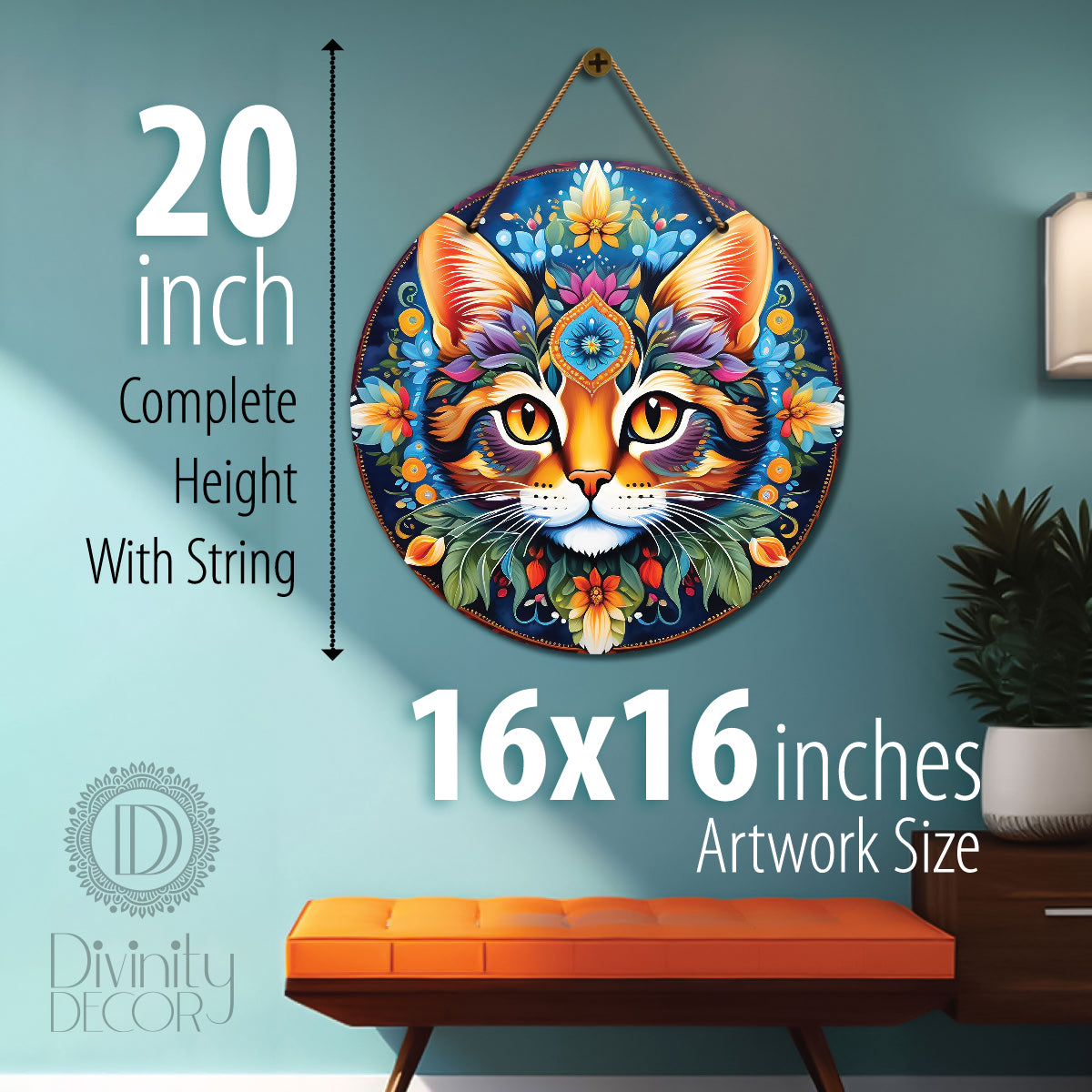 Cat in orange and blue mandala Round Wooden Wall Hanging for wall Décor - Design - 164