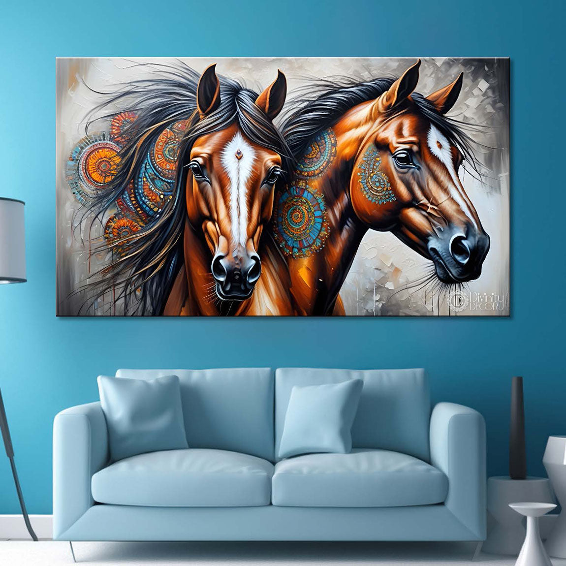 Two brown decorated horses in grey textured background art Canvas Painting - Design - Horse-165