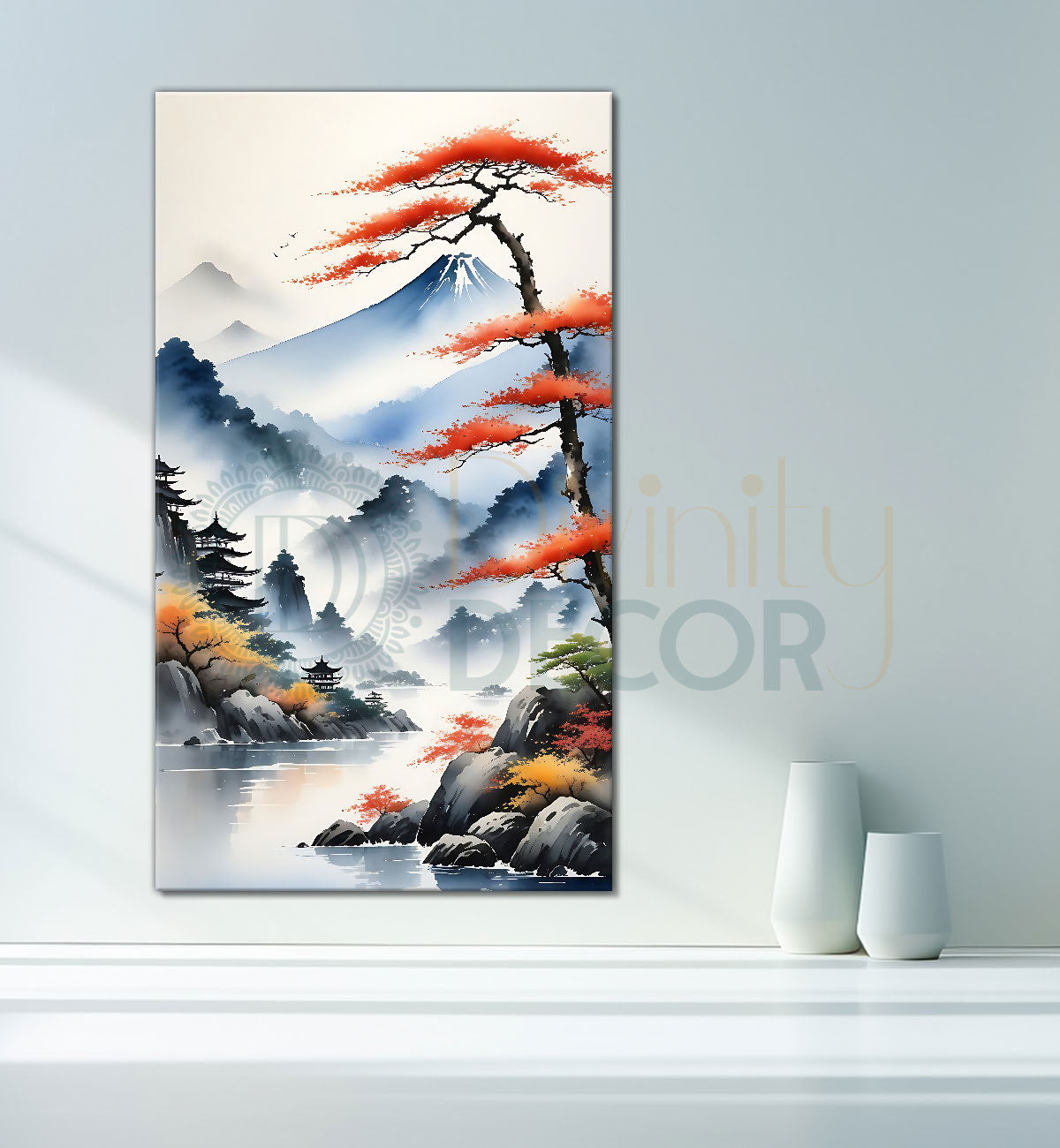 Orange tree with mountains and clouds in textured natural painting Canvas Painting - Nature Art -V-165